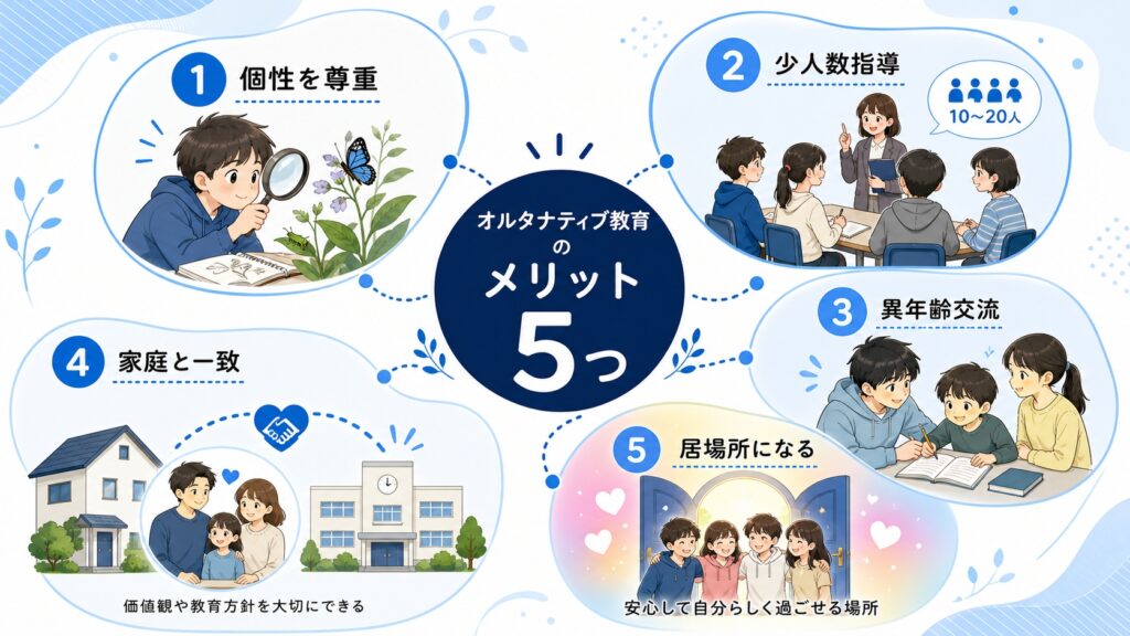 オルタナティブ教育のメリット5つのイメージイラスト