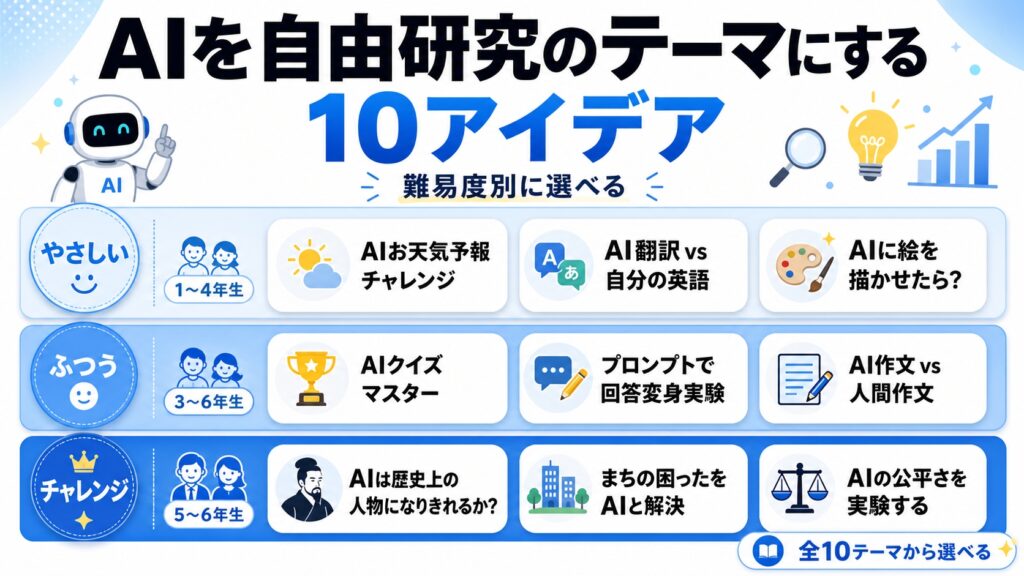 AIを自由研究のテーマにする10アイデア|やさしい→ふつう→チャレンジで選べるのイメージイラスト