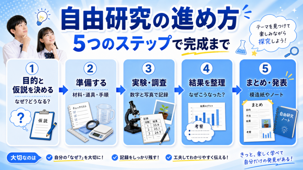 自由研究の進め方|5つのステップで完成まで導くのイメージイラスト