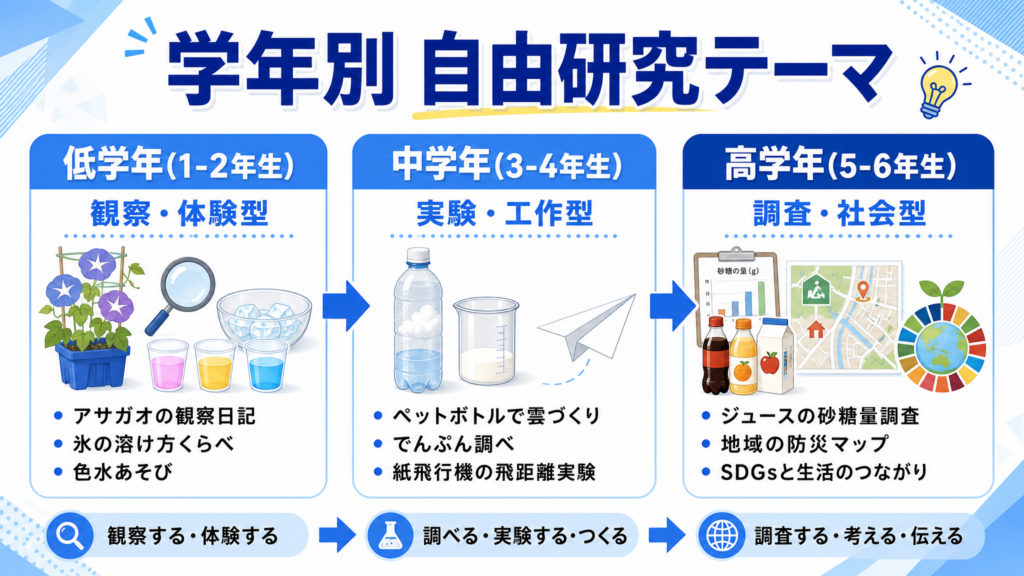 【学年別】小学生におすすめの自由研究テーマのイメージイラスト