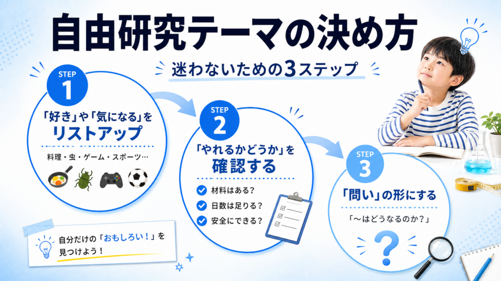 自由研究テーマの決め方|迷わないための3ステップのイメージイラスト