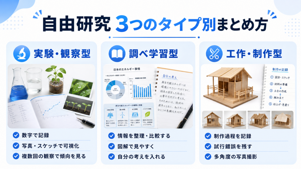 研究タイプ別まとめ方【実験・調べ学習・工作】のイメージイラスト