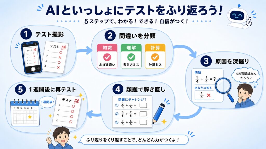 小学生のテスト振り返りをAIで進める5ステップのイメージイラスト