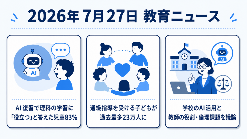 【教育ニュースまとめ】2026年7月27日｜AI復習で理科の学習に「役立つ」と答えた児童83%など3本