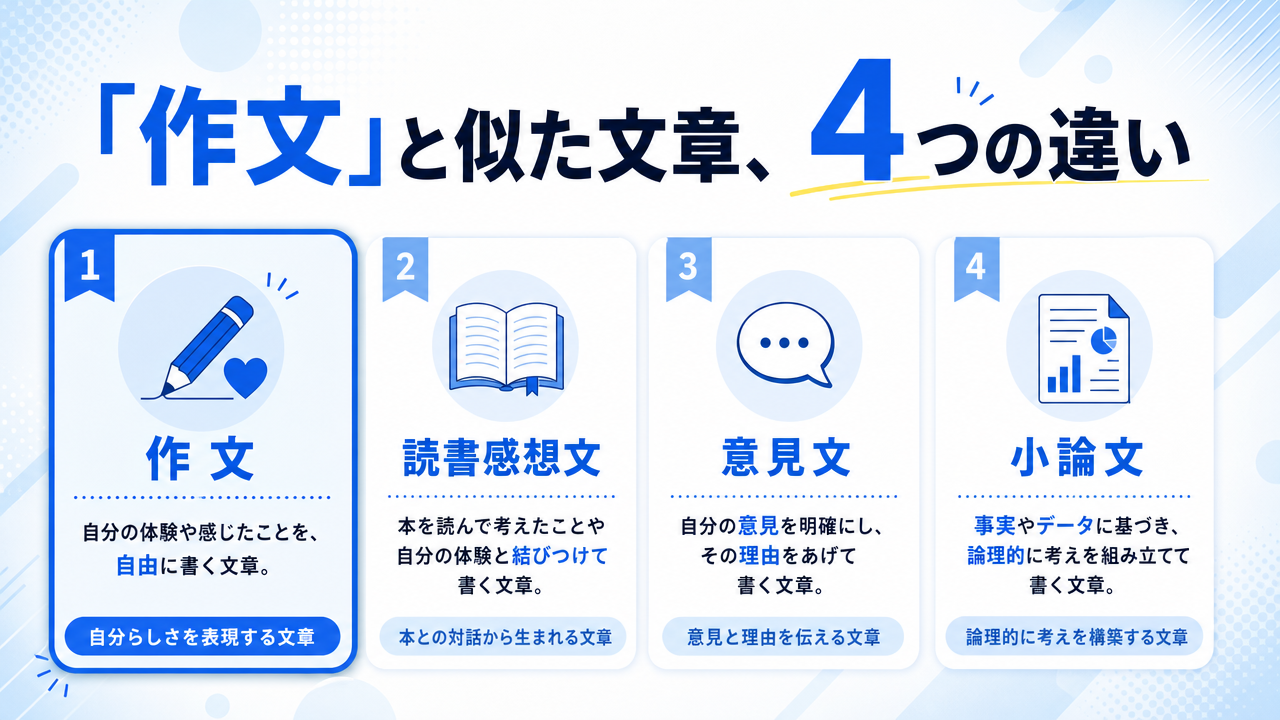 作文と読書感想文・小論文・意見文の違いの図解