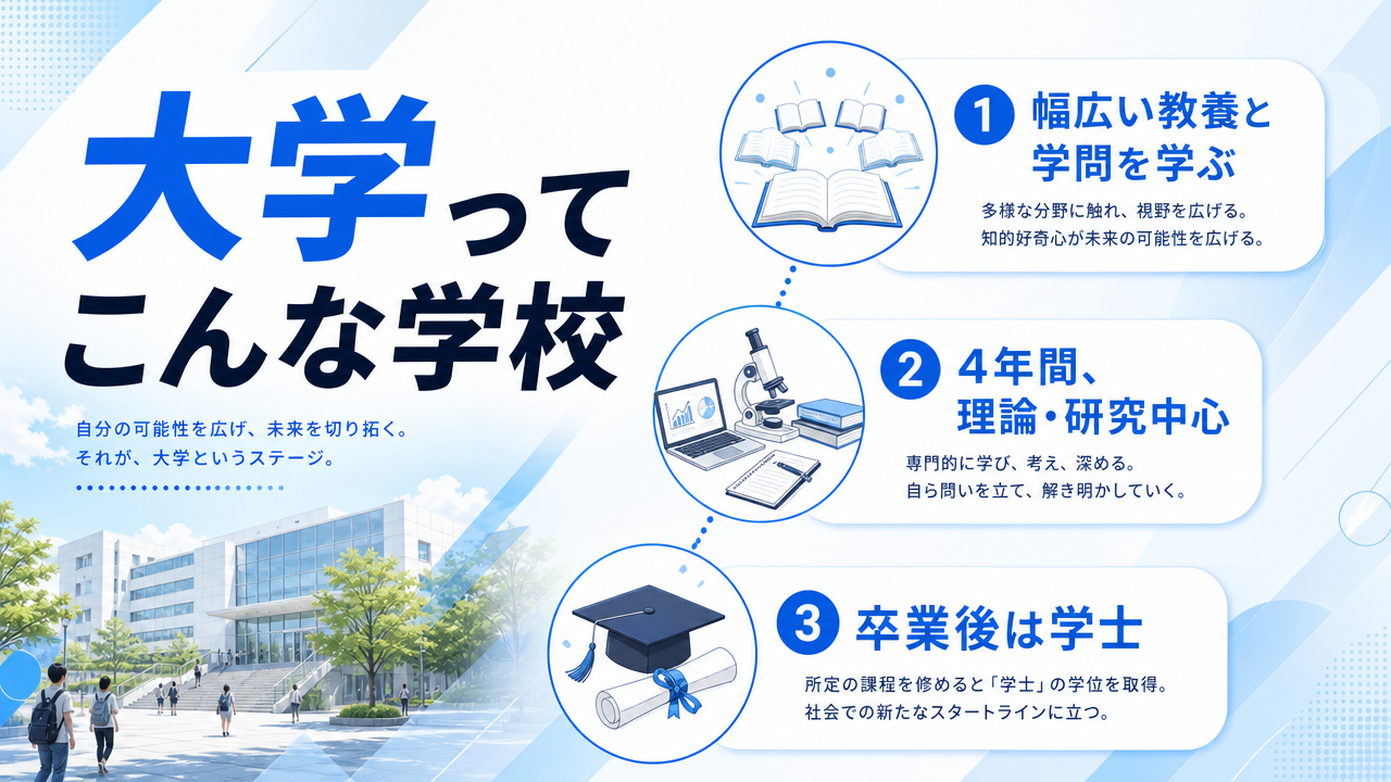 大学とは？幅広い教養と学問を4年間で学ぶ場所の図解