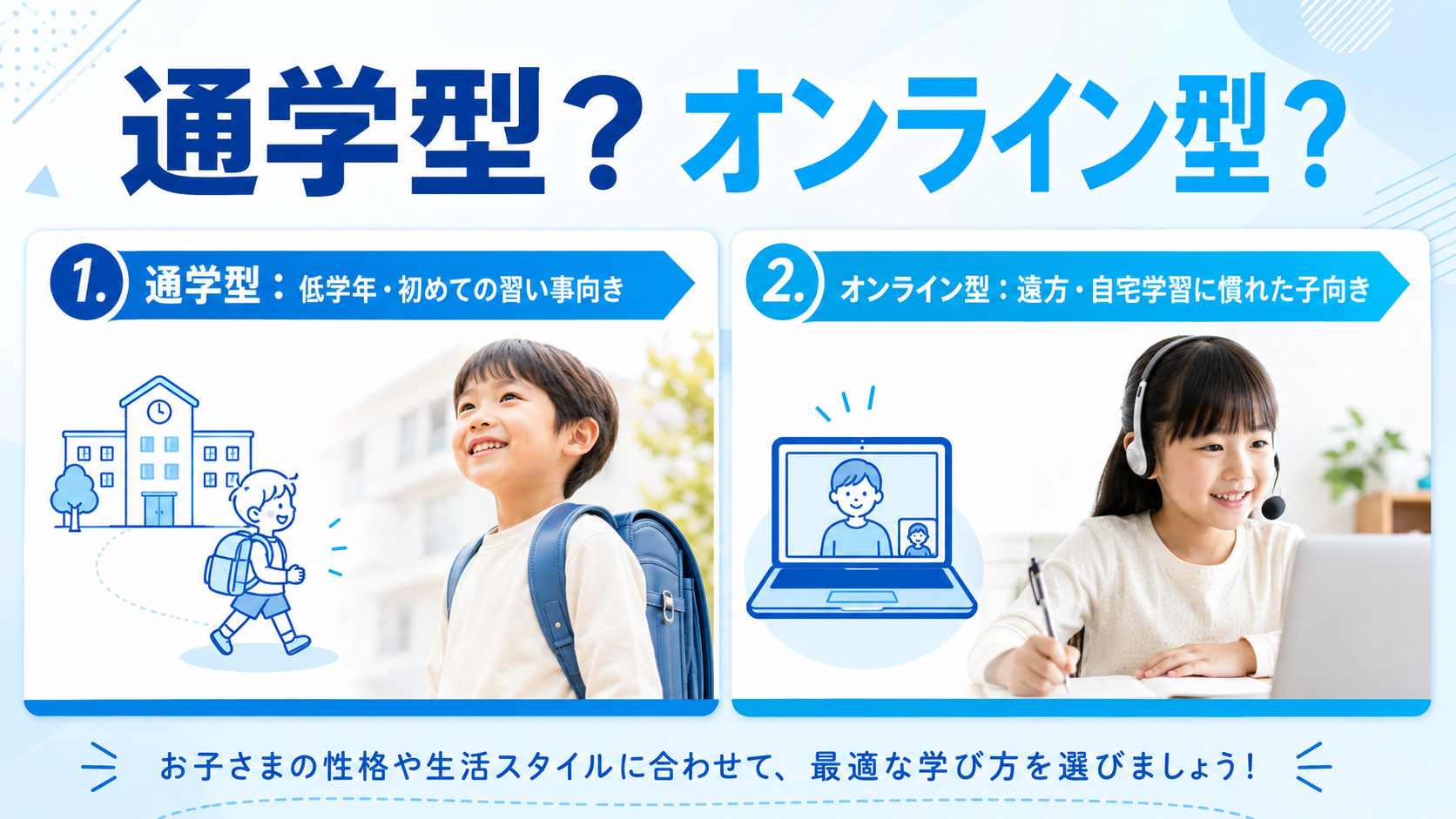 通学型とオンライン型、どちらを選ぶ？のイメージイラスト
