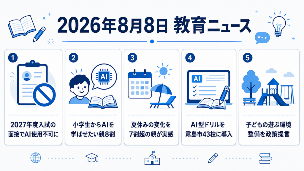 【教育ニュースまとめ】2026年8月8日｜大学入試面接でのAI使用不可などルール明確化など5本