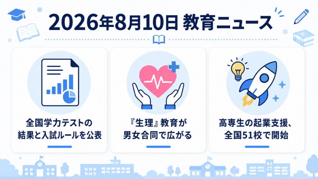 【教育ニュースまとめ】2026年8月10日｜全国学力テストの分析結果公表、大学入試ルールも明確化など3本
