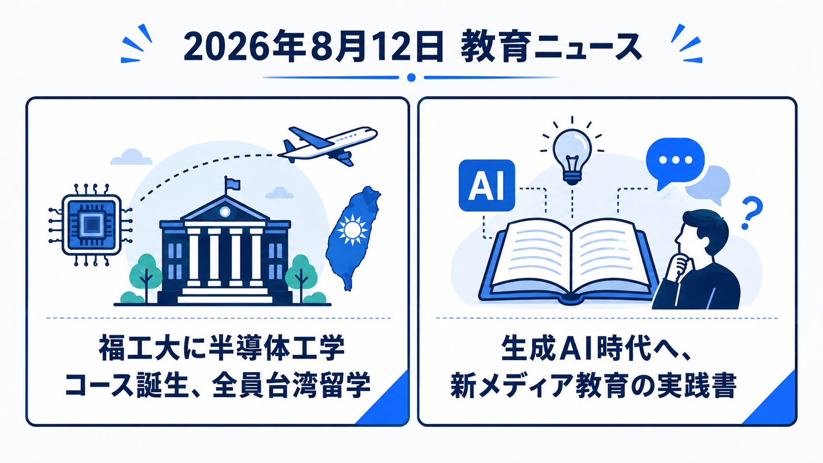 2026年8月12日の教育ニュース2選の図解：福工大に半導体工学コース誕生、全員台湾留学／生成AI時代へ、新メディア教育の実践書