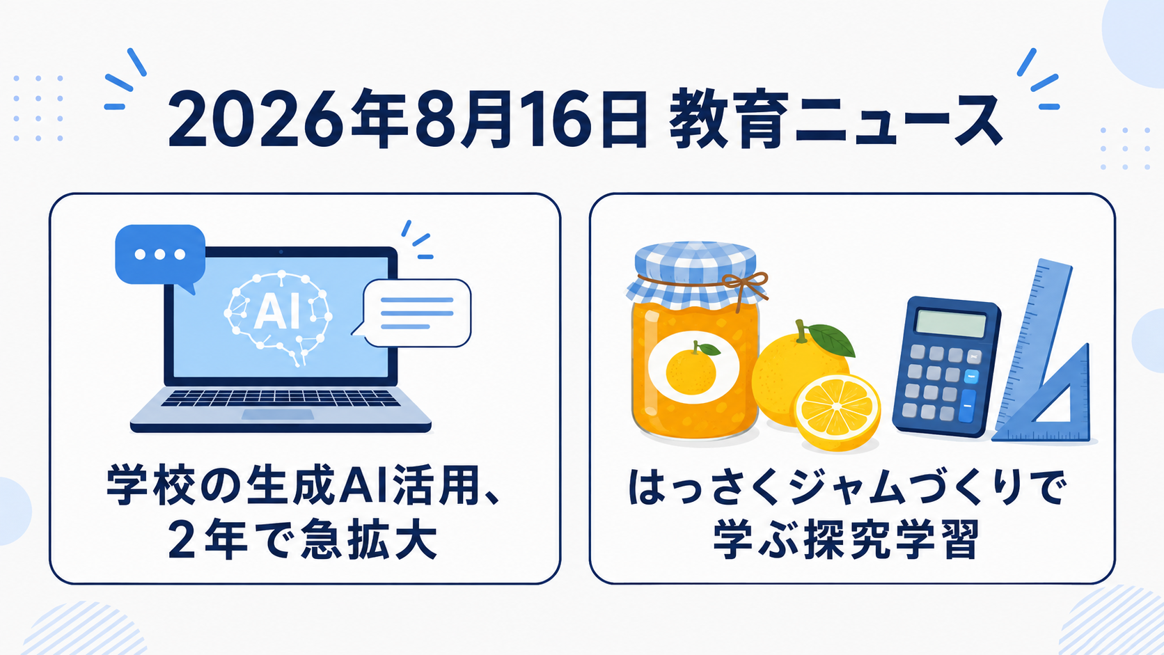 2026年8月16日の教育ニュース2選の図解：学校の生成AI活用、2年で急拡大／はっさくジャムづくりで学ぶ探究学習